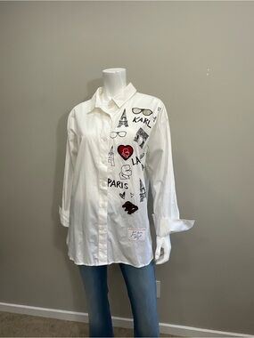 KARL LAGERFELD Paris Iconic Motif Cotton Patch Shirt White XL Button Down